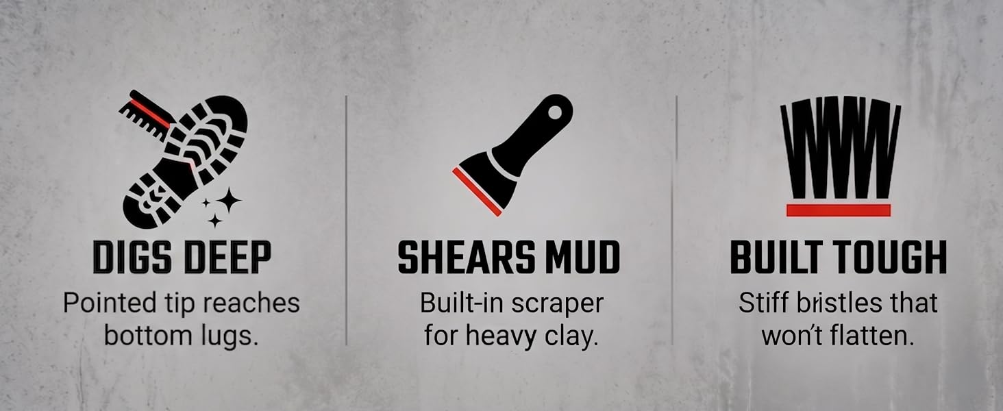 sole scrubber boot brush digs deep into lugs scraps mud stiff bristles built tough