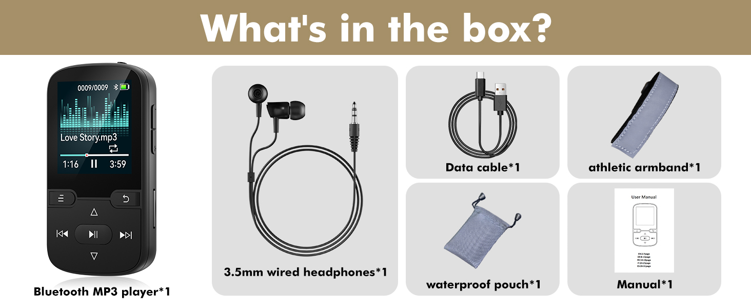 64GB MP3 Player with Bluetooth 5.3 and Clip, Portable HiFi Sports Music Player for Kids (28g)