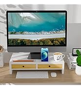 Monitor Stand Riser with Drawer - White Laptop Stand, Bamboo Desktop Shelf Organizer for Computer...