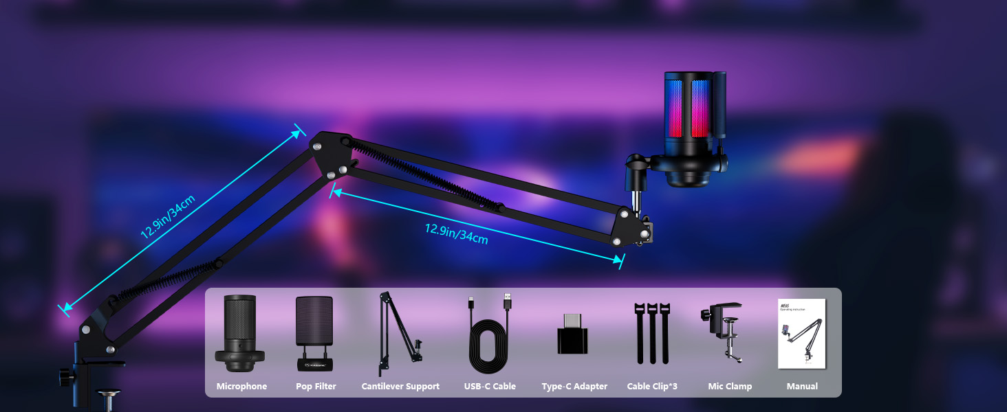 RGB Microphone for Gaming with Boom Arm