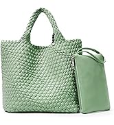 KALIDI Straw Tote Beach Bag Striped Shoulder Handbag Stitch Woven PU Leather Handle Zippe Travel ...