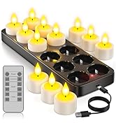 Yme Rechargeable Tea Lights Candles with Charger Storage Base, 12 Pack Battery Operated LED Flame...