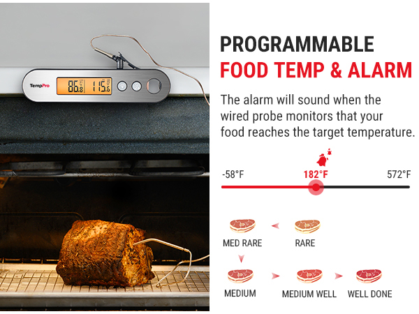 meat thermometer with programmable food temperature and alarm