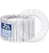 U-QE 100 Pieces Clear Plastic Plates - 9 Inch Clear Disposable Plates - Washable &amp; Reusable - Pre...