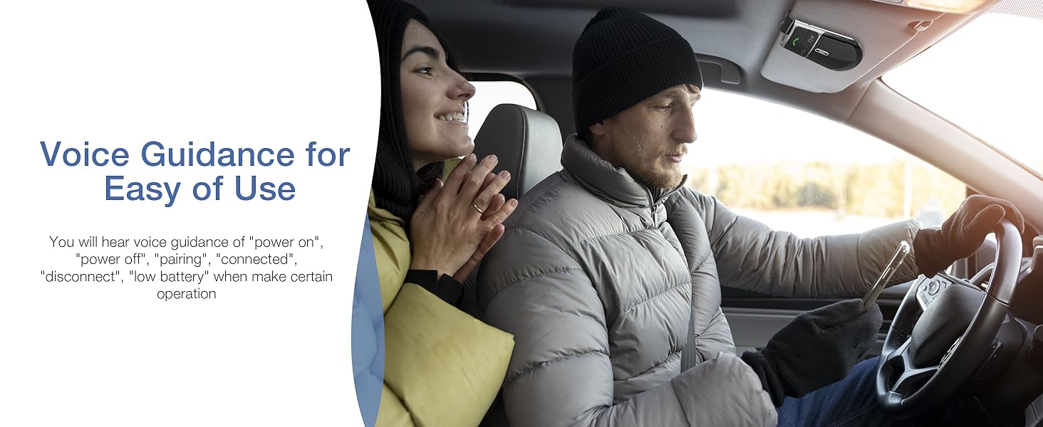 Two people in a car using a device. Text overlay reads 'Voice Guidance for Easy of Use'.