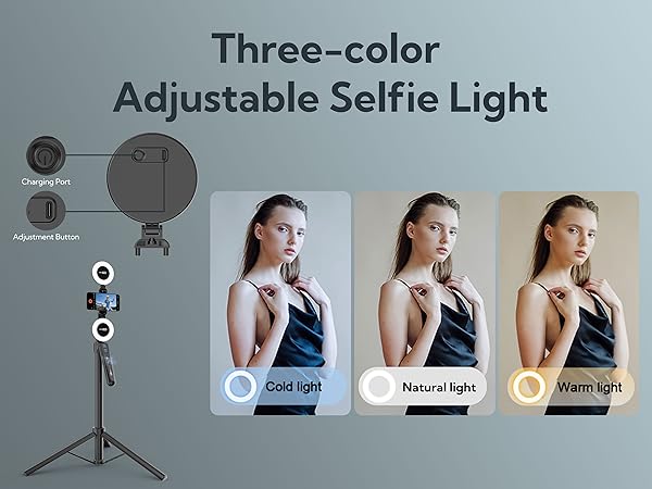Adjustable selfie light with three color temperature settings: cold, natural, and warm. Includes tripod stand and demonstration images showing lighting effects.