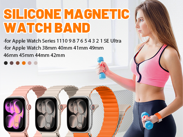 Text reads 'SILICONE MAGNETIC WATCH BAND for Apple Watch Series 11 10 9 8 7 6 5 4 3 2 1 SE Ultra 46mm 45mm 44mm 42mm'. Display of colorful silicone watch bands with product demonstrations.