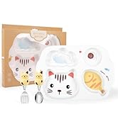 PHEENOWL Cat Plate Set for Toddlers, BPA-Free Divided Plates and Utensils for Kids, Durable Plast...