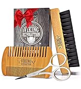 Viking Revolution Beard Comb &amp; Beard Brush Set for Men - Natural Boar Bristle Brush and Dual Acti...