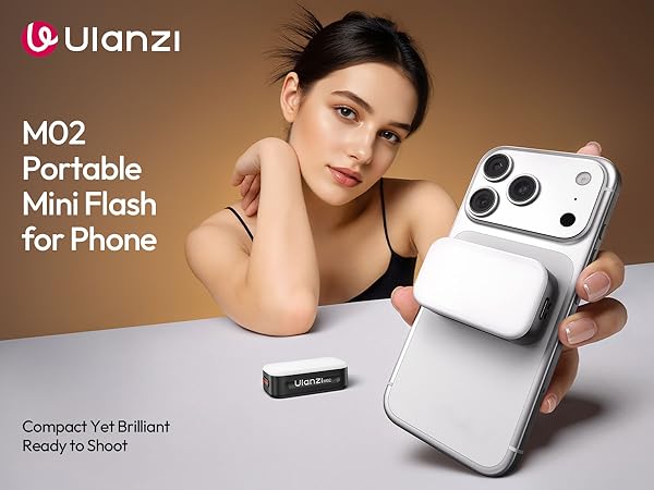 Text reads 'b-blanzi', 'M02', 'Portable Mini Flash', 'for Phone', 'Compact Yet Brilliant Ready to Shoot'. Product shots of small white phone-mounted camera flash device.