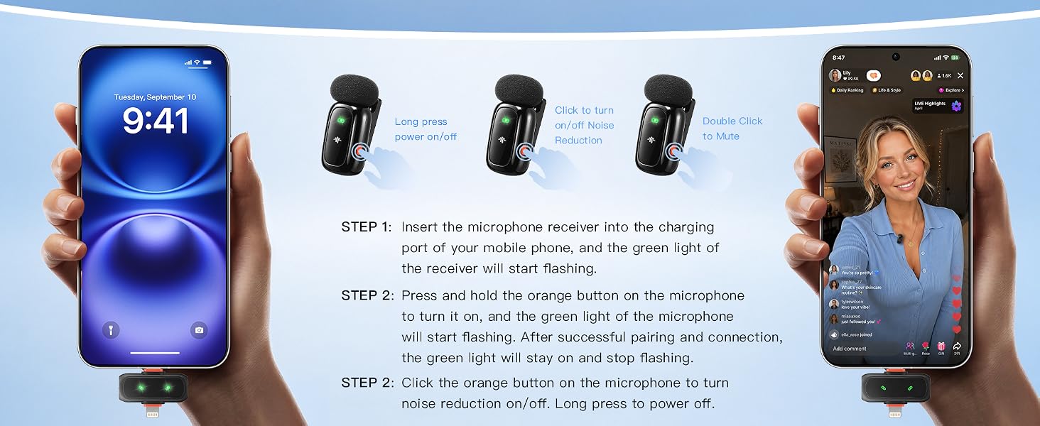 Wireless Microphone for iPhone Android, Dual Lavalier Mini Clip On Mic
