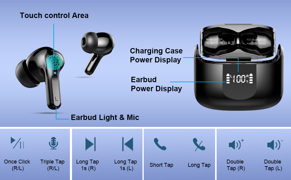 Wireless Earbud Bluetooth Headphones Noise Cancelling Ear Buds