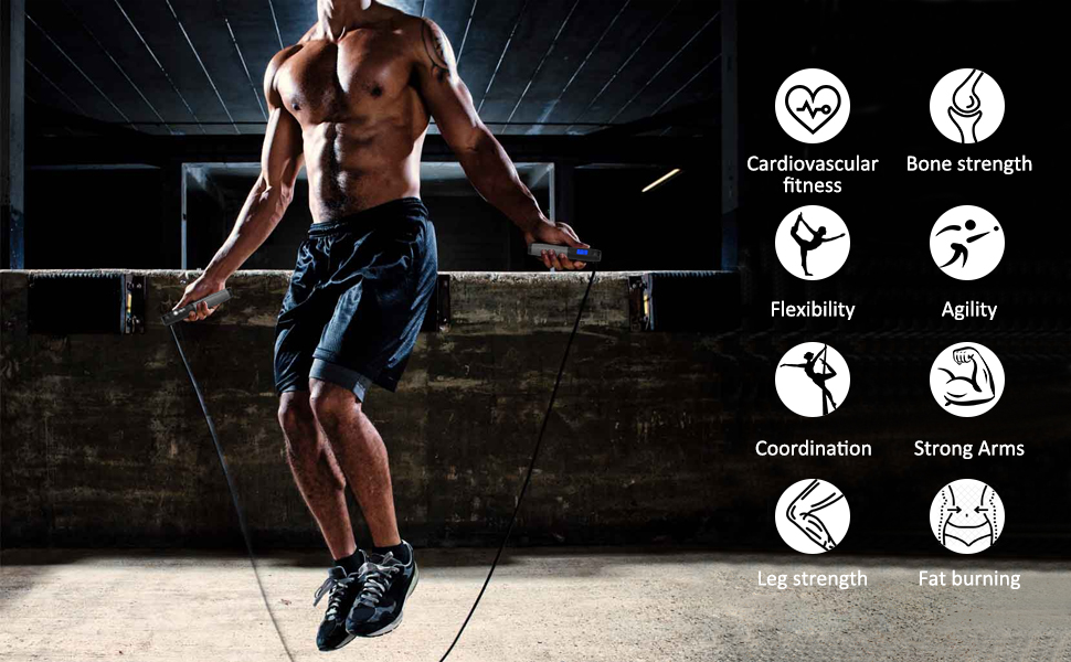 benefits of rope jumping: cardio fitness, bone strength, coordination, agility, fat burning