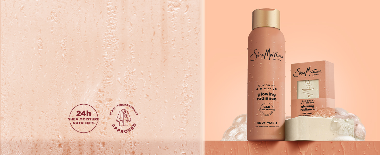 A collection shot of the Coconut &amp; Hibiscus Body Wash and Bar Soap on a coral background.