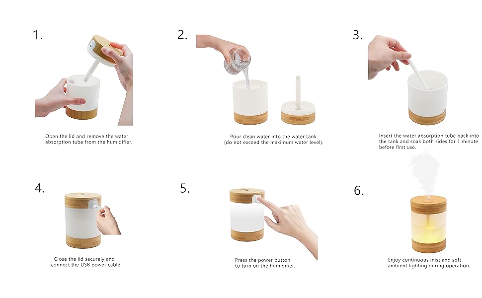 Step-by-step images explaining the initial setup and usage of a bamboo tabletop humidifier.