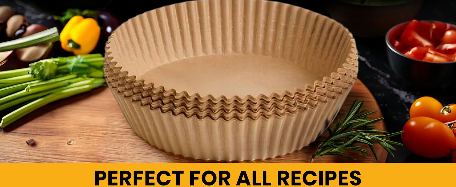 Paper liners for air fryer basket ideal for meats, vegetables, snacks, and reheating.