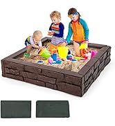 HONEY JOY Sandbox with Cover, 47x47 Inch Square Sand Pit Play Station for Backyard, Bottom Draina...