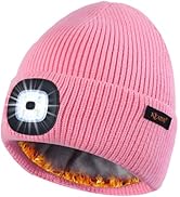 Fleece Lined LED Beanie with Light, USB Rechargeable Winter Warm Knit Hat, Hands-Free Lighted Cap...