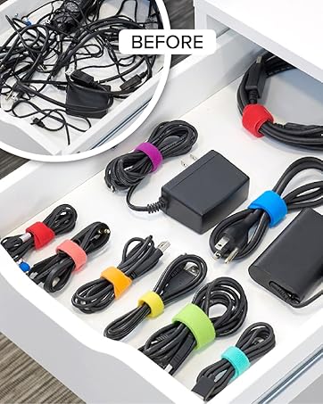 A drawer of cords neatly organized with Self-Gripping Cable Ties