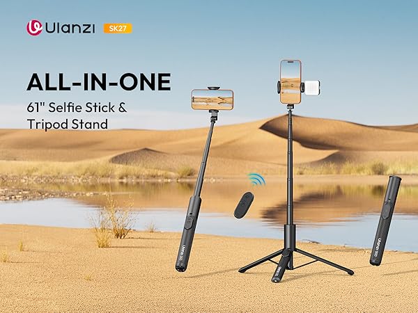 Selfie stick and tripod stand with remote, cold shoe mount allows to add camera light or microphone