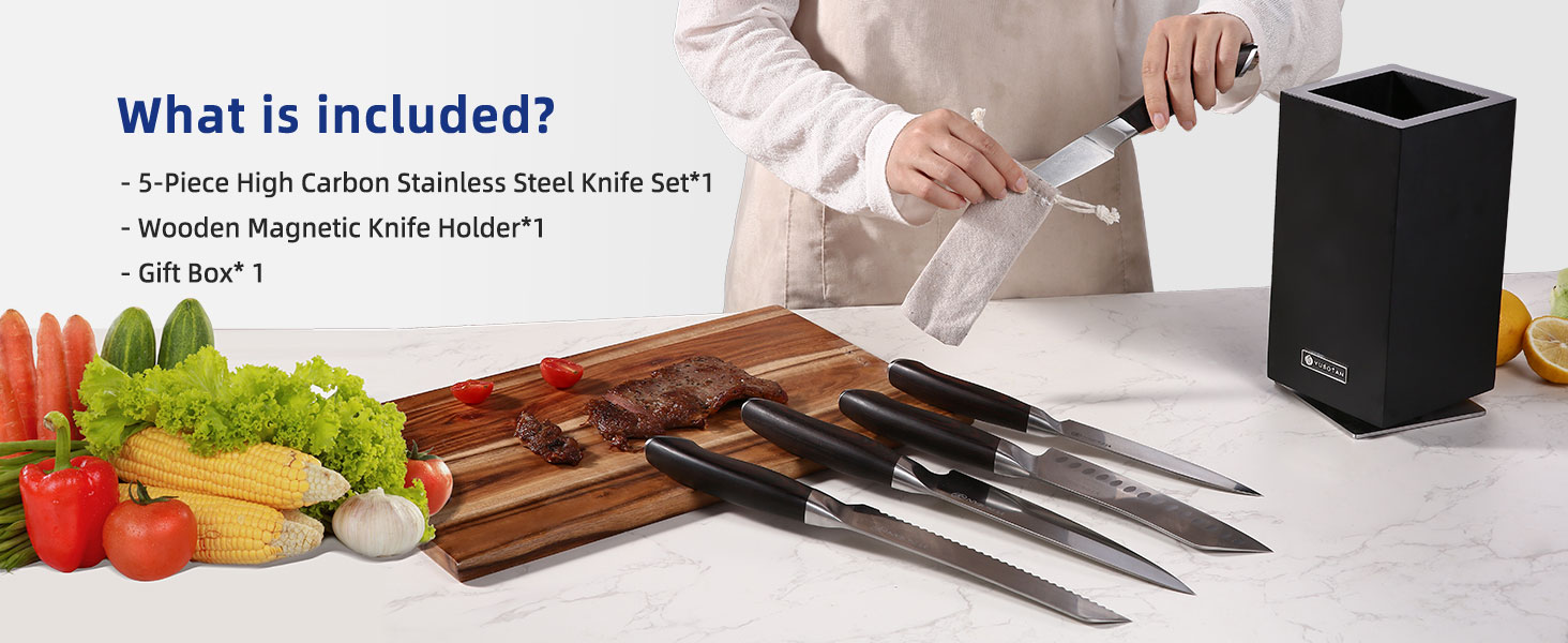 kitchen knife set with a wooden magnetic knife holder
