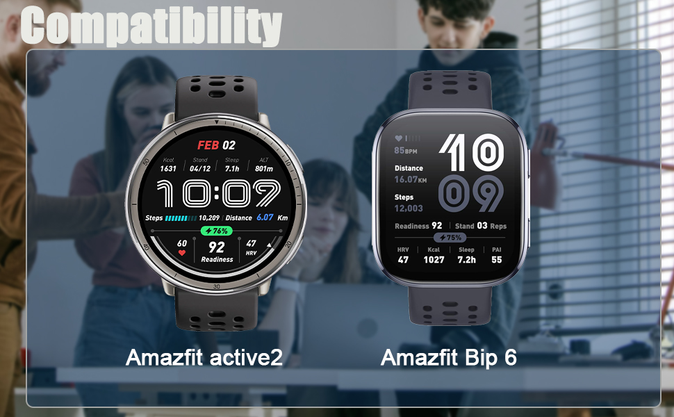 Comparison of two smartwatch displays showing digital watch faces - Amazfit Active 2 and Amazfit Bip 6 models with different interface designs.