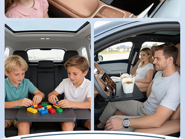 Steering Wheel Table easily under seats, into back-pocket organizers or seat gaps
