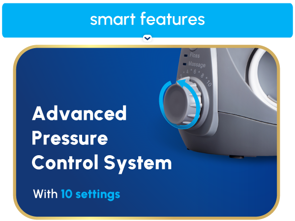 Image of Waterpik floss machine settings dial with text reading advanced pressure control system.