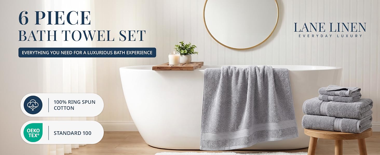 Lane Linen 100% Cotton 6 Piece bath towel set. Oeko-tex certified.