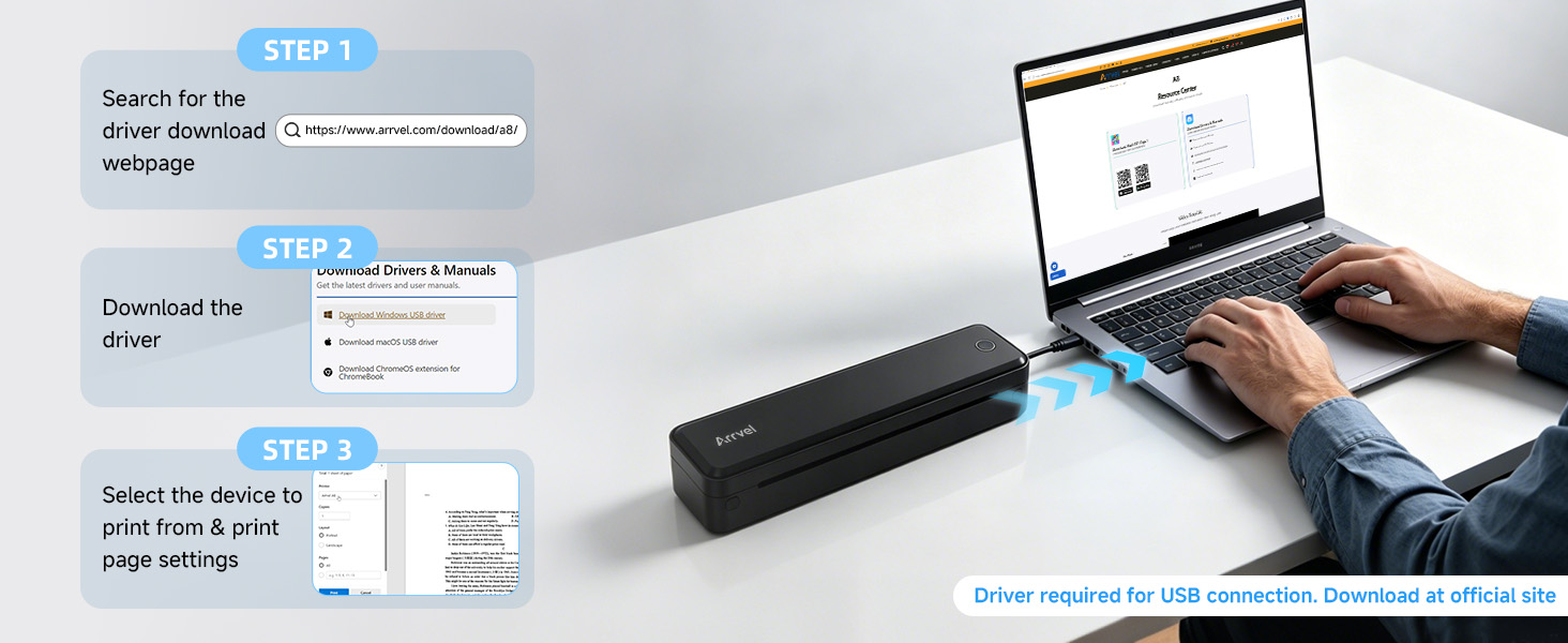 Connect the Arrvel A8 thermal printer to a Windows, Mac, Chromebook, or Linux computer by USB.