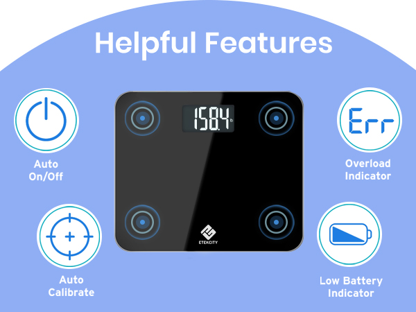 helpful features include auto on/off, auto calibrate, overload indicator and low battery indicator