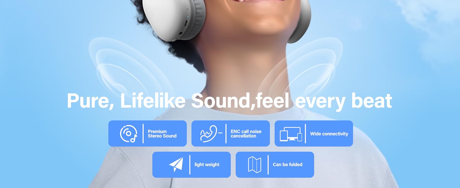Promotional image for headphones featuring blue interface icons and text highlighting sound quality features against light blue background.