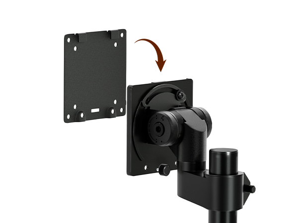 Black mounting bracket with adjustable arm for electronic device. Shows detachable plate and swivel mechanism for flexible positioning.