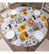 Round Vinyl Fitted Tablecloth with Flannel Backing Elastic Edge Design Table Cover Waterproof Oil...