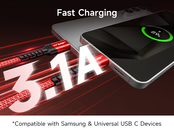JSAUX USB C Cable: 3.1A fast charging for Samsung and universal USB C devices.