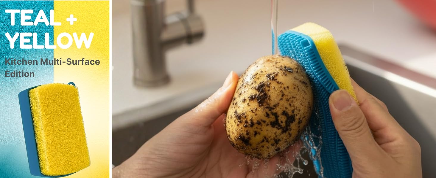 Teal yellow silicone sponge scrubbing dirty potato under running water in sink