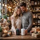 Couple enchanted by a humidifier&amp;#39;s vibrant glow and aromatherapy on a romantic table