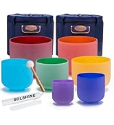 SOLSHINE Set of 7 Colored Crystal Singing Bowl 6''-12'' For Meditation Sound Healing with 2 Trave...