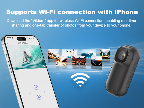 Text reads 'Supports Wi-Fi connection with iPhone' and 'Download the VStarcam app for wireless Wi-Fi connection'. Shows smartphone interface with camera connectivity features.