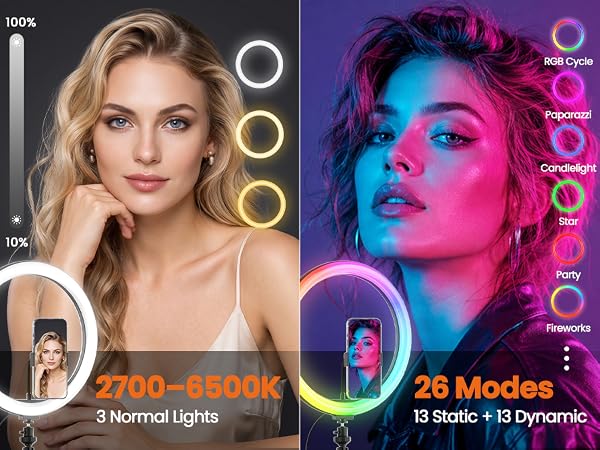 12-inch ring light shows 2700K-6500K white light and 26 RGB modes for portraits and creative videos
