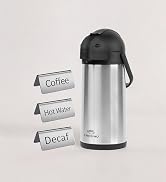 3 liter airpot with stainless steel table tent signs for coffee, decaf coffee, and hot water