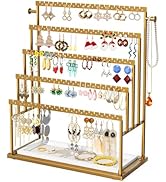 Earring Holder Organizer Gold, 5-Tier Jewelry Display Stand with Elegant Gold Metal Frame and Woo...