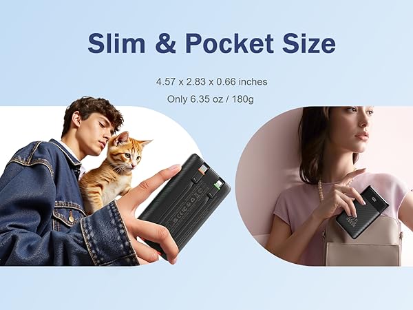Slim Portable Charger, Pocket Size, Weighing 6.35 oz/180g, measuring 4.57 x 2.83 x 0.66 inches.