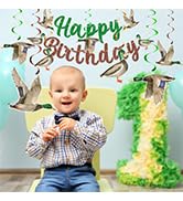 Duck Hunting Birthday Banner, Mallard Duck Hanging Swirls, One Lucky Duck Birthday Decor