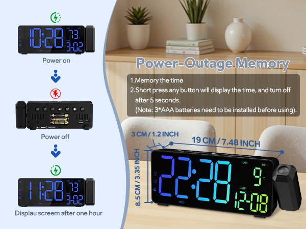 Text reads 'Power-Outage Memory', 'Power on', 'Power off'. Digital clock display product showing blue LED numbers, with demonstration of power outage memory feature and dimensions '3 CM / 1.2 INCH', '19 CM / 7.48 INCH'.