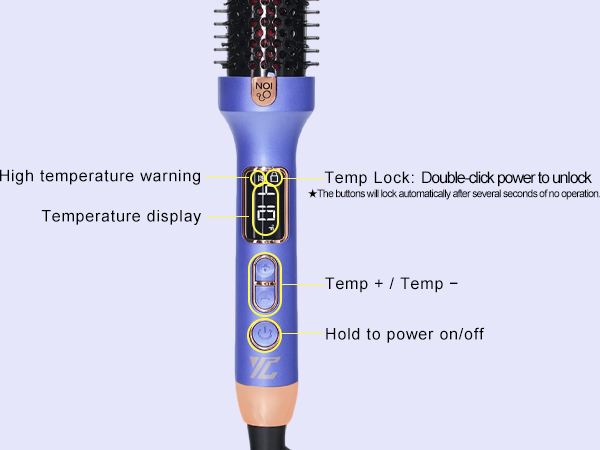 Text reads 'Temperature display', 'Hold to power on/off', 'Temp + / Temp -'. Blue cylindrical device with digital display and control buttons.
