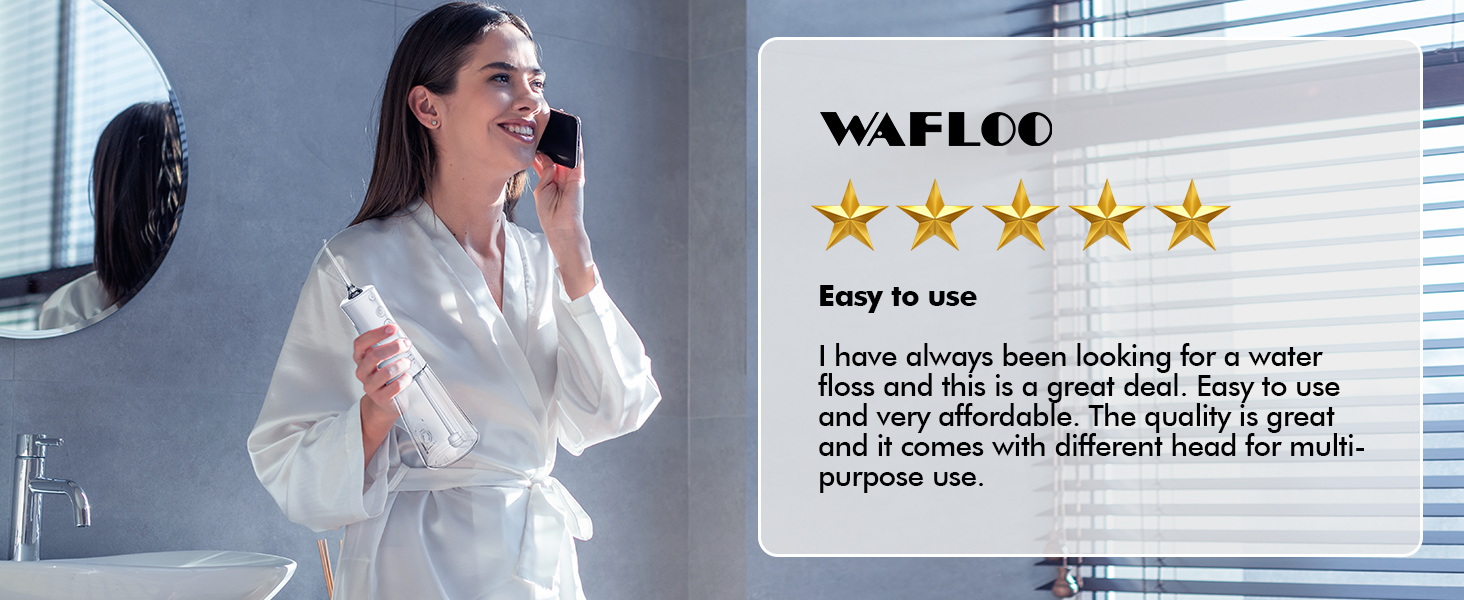 Product review display showing a 5-star rating for 'Wafloo' product, with customer testimonial text about ease of use and quality.