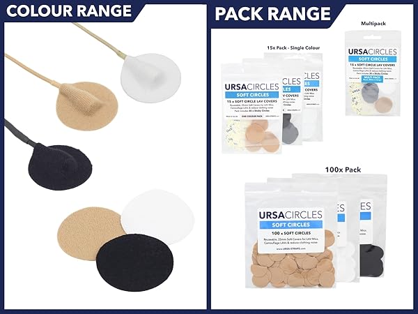 Text reads 'COLOUR RANGE' and 'PACK RANGE' with product display showing makeup puffs in various colors: white, beige, navy, and black. UREA circles product packaging shown on right side.