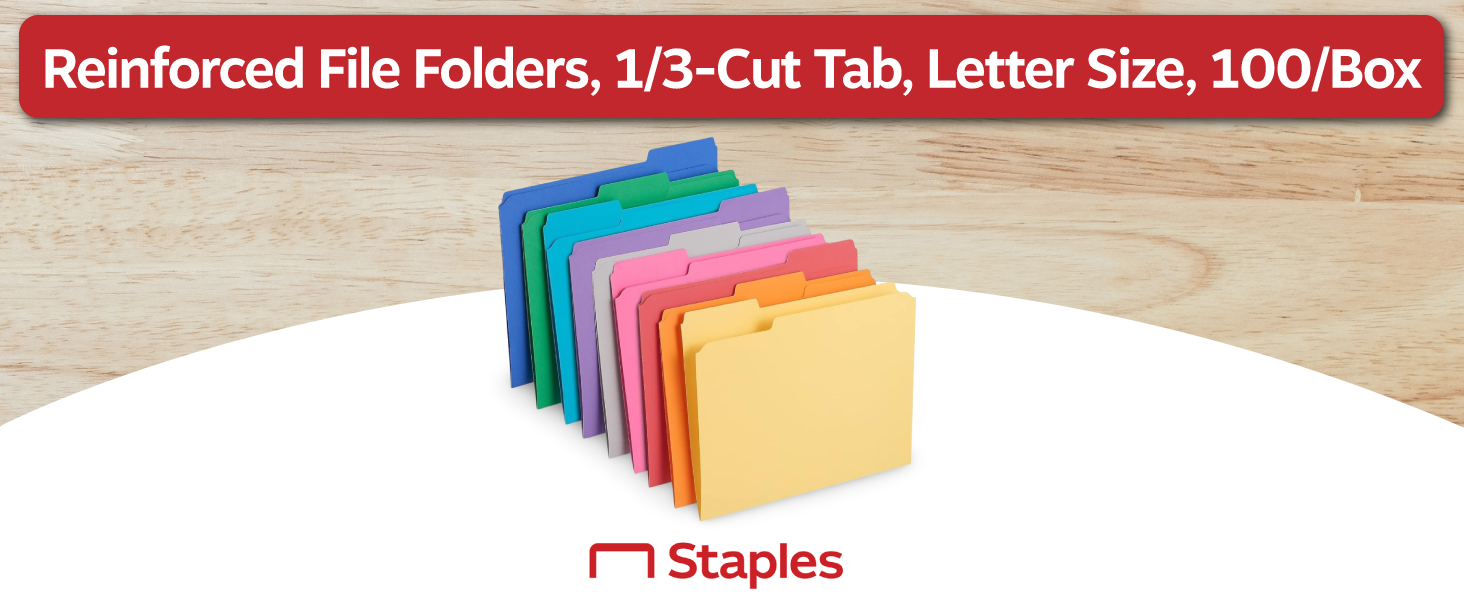 Staples 508994 Colored File Folders W/Reinforced Tabs Letter 3 Tab 100/Box