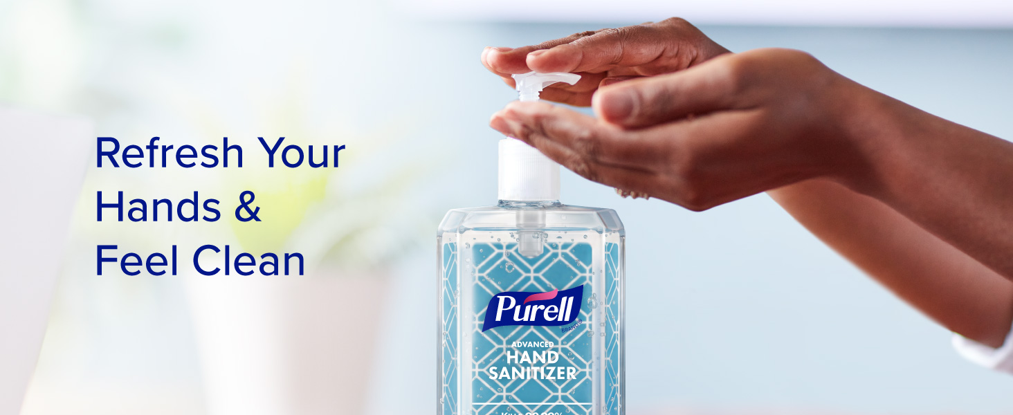 Image of a hand pumping Purell hand sanitizer into another hand